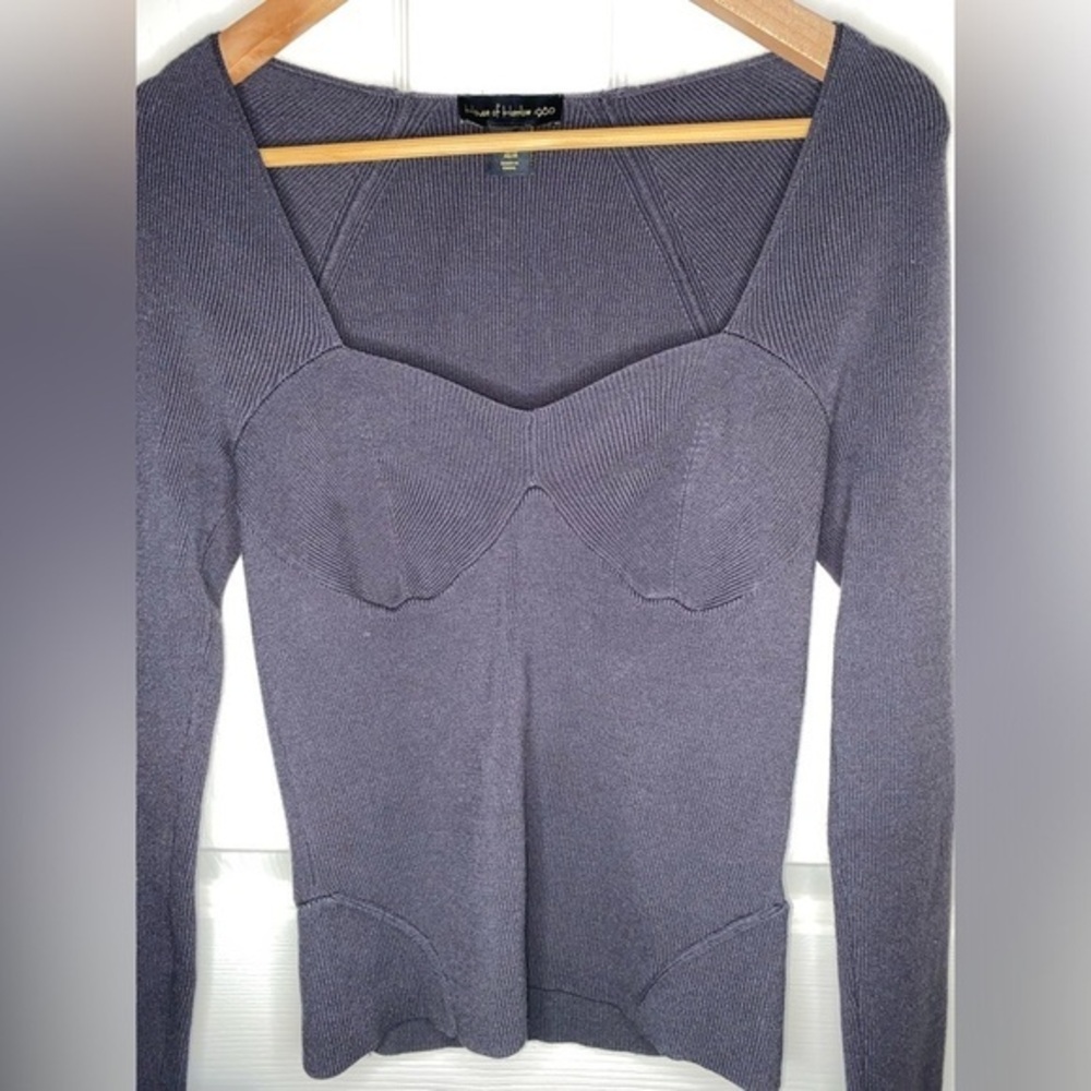 House of Harlow 1960 Dark Gray Sweetheart Ribbed Knit Long Sleeve Top – M